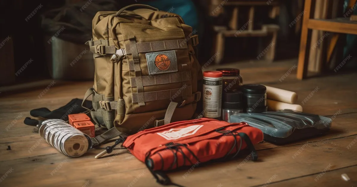 Survival and hiking equipment organized on wooden surface with backpack, flashlight, and emergency tools