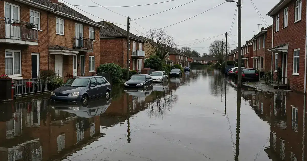 Residential street flooded during a hurricane with water covering the roadway and sidewalks