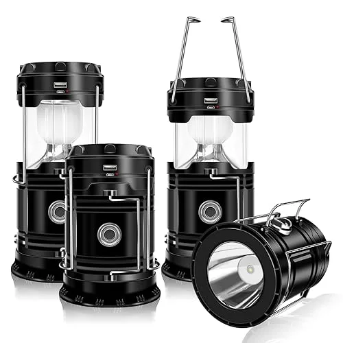 DIBMS 4-Pack Solar Camping Lantern, Collapsible LED Solar USB Rechargeable Lantern Flashlight Emergency Hanging Lights f